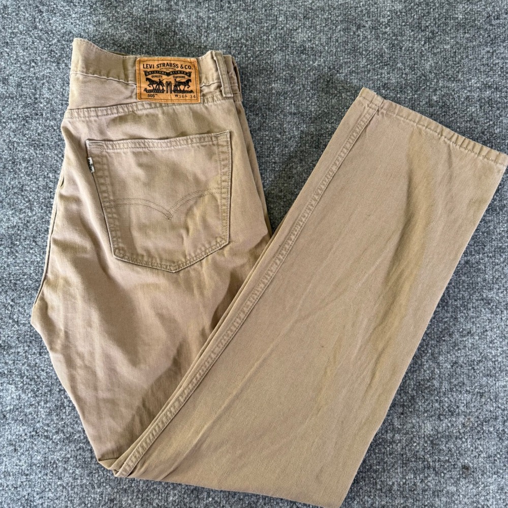Levi's 505 Straight Leg Pants Mens 36x34 Casual Cotton Twill Khaki Tan 5 pocket